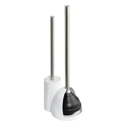 iDESIGN Toilet Brush with Holder and Plunger Set White: Durable Plastic