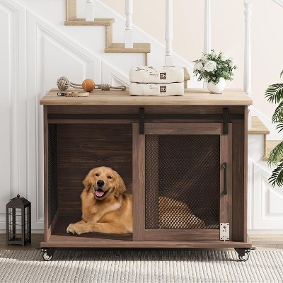 37" Wooden Dog Crate Furniture with Movable Divider & Flip Top, Side End Table with Wheels, Large Dog Home for Stylish Interiors