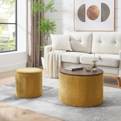 KTMBDW Round Chenille Ottoman Set of 2 with Drum Stool and Desktop, Upholstered Footstool for Living Room and Bedroom ( 23.62"x16.53")