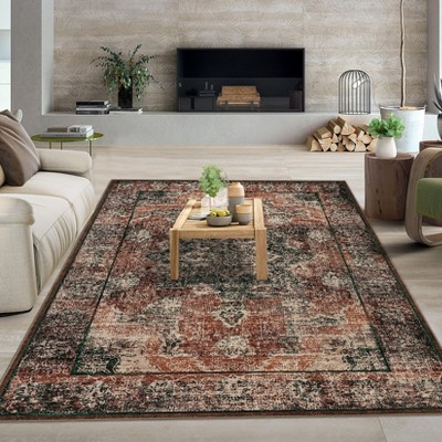Washable Vintage Area Rug Large Boho Non-Slip Rug for Living Room Bedroom Oriental Medallion Print Floor Carpet