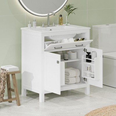 LOVMOR 30-inch Bathroom Vanity with Ceramic Sink, Modern White Single Bathroom Cabinet with 2 Doors and a Shelf, Soft Close Doors