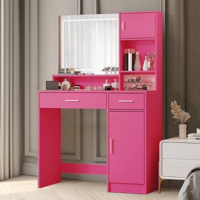 Vanity Desk Modern with LED Light Strip and Storage Cabinet for Bedroom Makeup 35.4in -3irtyhousy