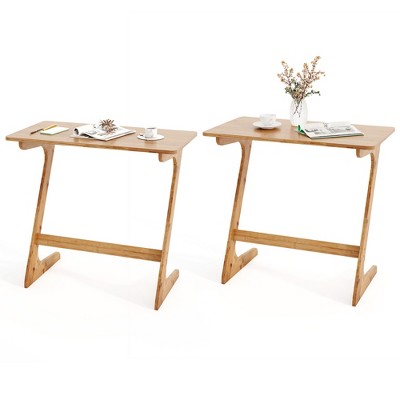 Costway 2 PCS Bamboo Sofa Side Table Z-Shaped Spacious Tabletop Space-Saving TV Snack Tray Natural/Brown