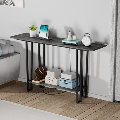 VECELO Couch Side & Console Table with 2 Outlets, 2 USB Ports and Extra Long 9.8 Feet Power Code, Sofa Behind