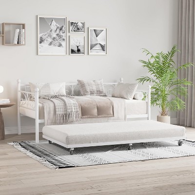 Twin Metal Daybed with Floral Headboard, Modern Sofa Bed Frame with Heavy-Duty Steel Slats, No Box Spring, for Living/Guest Room