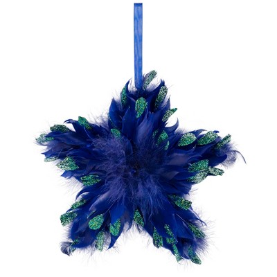 Northlight Plush Glittery Peacock Feather Star Shaped Christmas Ornament - 9" - Blue