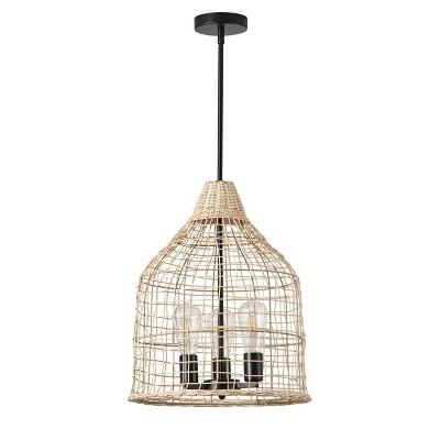 Modern Wicker Pendant Light £¬ Natural Woven Chandelier with Black Canopy for Farmhouse or Coastal Decor