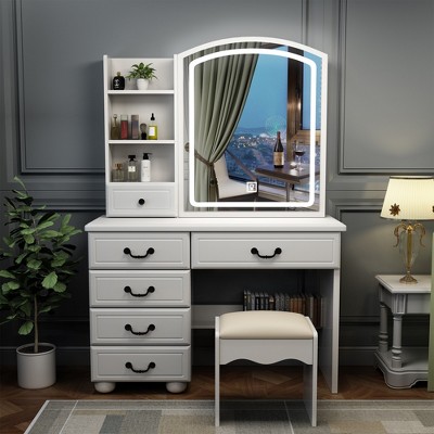 TIRAMISUBEST Fashion Vanity Desk with Mirror and Lights, Vanity Table with 6 Storage Drawers and Open Shelves, Makeup Vanity Set with Cushioned Stool