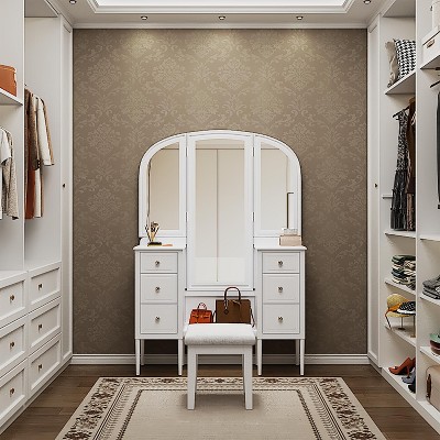 Makeup Vanity Desk with Triple Mirror, Vanity Table Dressing Table Set with Padded Stool & 6 Drawers, White - ModernLuxe