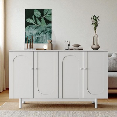 Modern 4-Door Storage Cabinet with Intaglio Design, Adjustable Shelf, Solid Pine Legs & Wood Pulls, Buffet Sideboard for Dining Room and Kitchen