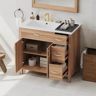 TIRAMISUBEST 36" Bathroom Vanity with Ceramic Sink, Modern Bathroom Vanity Cabinet with 2 Soft Close Doors, 3 Soft Close Drawers & Adjustable Shelf