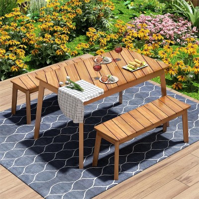 3 Pieces Acacia Wood Patio Dining Set with Large Table, Outdoor & Indoor Furniture with 2 Benches, Picnic Table Set - Maison Boucle
