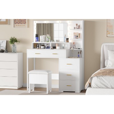 COZONY Vanity Desk with Mirror, Lights & Chair - Makeup Vanity Table with 4 Drawers, Cabinet & Shelves for Bedroom