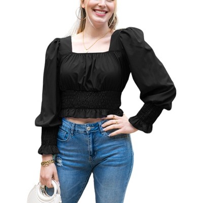 Anna-Kaci Women's Square Neck Gathered Smocked Sleeve Bishop Blouse