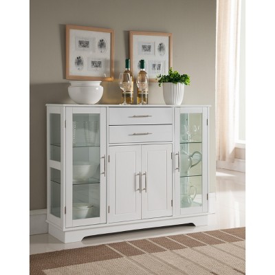 Kings Brand Furniture Santi 4-Door Kitchen Storage Buffet Display Cabinet with Glass Doors, White