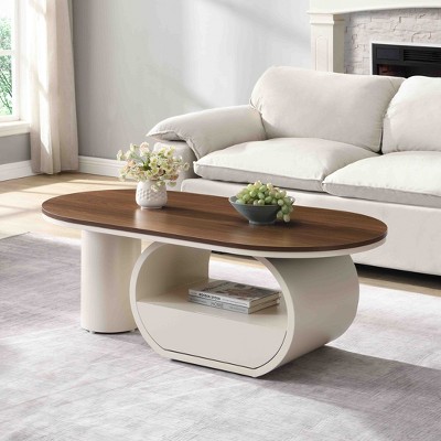 Luxury Oval Coffee Table, 47.24inCoffee Table with Storage Drawer, White Metal Center Table for Living Room