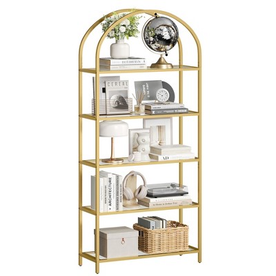 LEDREM 5-Tier Bookshelf, 32.7 x 72.2inch, Display Storage Shelf, Tempered Glass Shelving Unit with Metal Frame, for Bedroom, Living Room