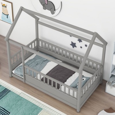 CAVINAS Twin Bed Frames, Twin Size Bed Frame with Roof Frame, Modern Floor to Ceiling Wooden Bed for Bedroom