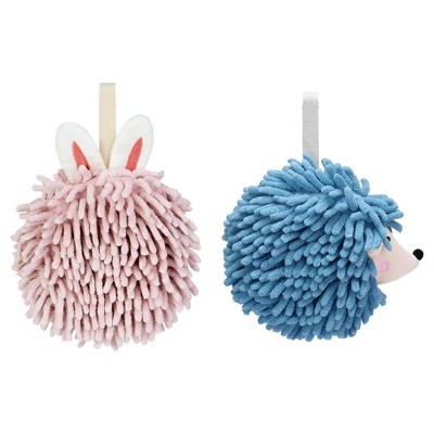 REGALWOVEN Fuzzy Cute Cartoon Decorative Hand Drying Hanging Ball Hand Towels 7" x 7" 2 Pcs
