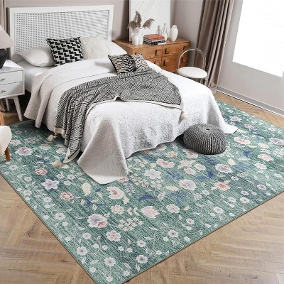 Fulvari Runner 2'x6' Floral Rug Washable Thin Low Pile Suit for Entryway Bedside Bedroom Office Kids Room Non Slip Carpet
