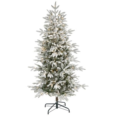 5.5ft. Flocked Spruce Artificial Christmas Tree with 200 Lights and 560 Bendable Branches – Snowy X-Mas Tree for Winter Charm