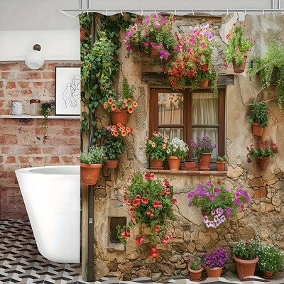 Vintage Landscape Polyester Shower Curtain With Hooks - Water-Resistant, Machine Washable