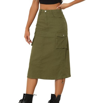 Allegra K Women's Midi Flap Pocket Back Slit Drawstring Cargo Skirt