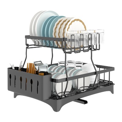 NewHome"2-Tier Dish Drying Rack with Drainboard, Utensil Holder, Cup Rack & Swivel Spout for Kitchen"Black