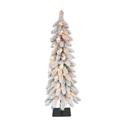Puleo 4' Pre-lit Flocked Pencil Alpine Fir Artificial Christmas Tree with Clear Lights