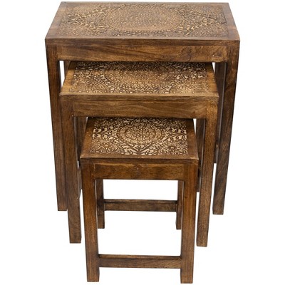 Northlight Set of 3 Walnut Brown Stackable Mandala Nesting Tables  24"