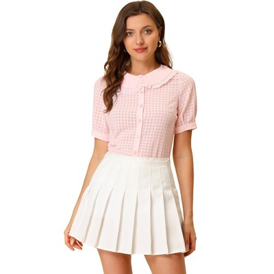 INSPIRE CHIC Women's Peter Pan Collar Contrast Color Trim Gingham Button Up Shirt