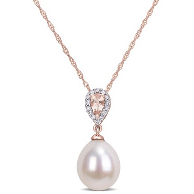 EVERLY JEWELRY | 10K Pink Gold 0.07 CT Diamond TW, 1/4 CT TGW Morganite & 9 - 9.5 MM Cultured Freshwater  Pearl Fashion Pendant With Chain
