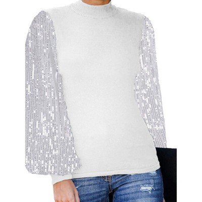 Anna-Kaci Women's Sequin Puffed Long Sleeve Mock Neck Pullover for Party Wear