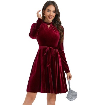 BLUEMING Womens Velvet Cocktail Dress Vintage Long Sleeve Babydoll V Neck A Line Wedding Guest Mini Dress