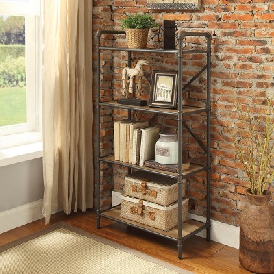 Industrial Bookshelf with Rustic Wood Shelves Metal Frame Open Back 49in Tall for Office or Living Room-3irtyhousy