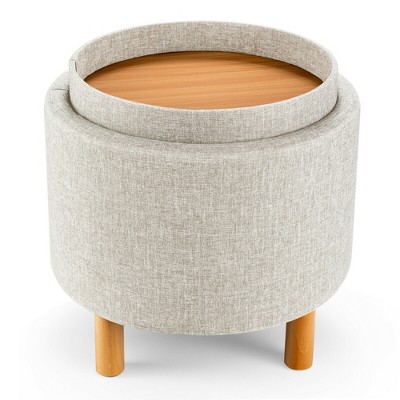Costway Round Storage Ottoman w/Tray Top Accent Padded Footrest w/Wood Legs Grey/Beige