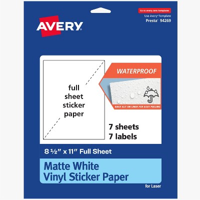 Avery Printable Vinyl Sticker Paper, 8-1/2" x 11", Matte White, Permanent Adhesive, Laser Printer Compatible, 7 Sheets Total