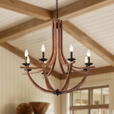 BAOURE Rustic Foyer Chandelier 8 Light Farmhouse Candle Style Light Fixtures, 30in Vintage Faux Wood Chandeliers for Dining Room Entryway, Brown