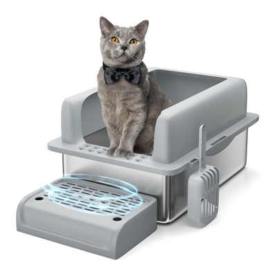 COZONY Stainless Steel Cat Litter Box, Enclosed Litter Box with Tracking Mat, Large Cat Litter Tray with Odor Control