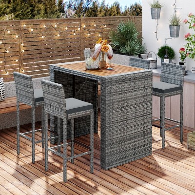 5 Pieces Wicker Outdoor Patio Bar Set,Bar Height Dining Table and 4 PCS Bar Chairs,Patio Garden Furniture Dining Set with Cushions-Coolbibila
