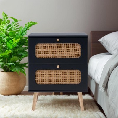 Gulches 2-drawer Rattan Nightstand for Bedroom and Living Room, End Table, Side Table with 2 Hand Made Rattan Decorated Drawers