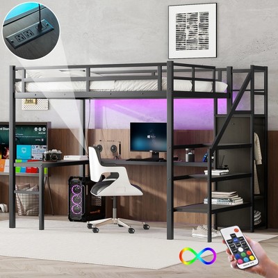 Full XL Loft Bed with L-shaped Desk, Wardrobe and Adjustable Shelf