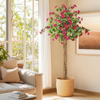 4FT/5FT/6FT Indoor Artificial Bougainvillea Tree for Home Decoration, Faux Flower Tree with White Pot for Outdoor Decoration Living Room Porch