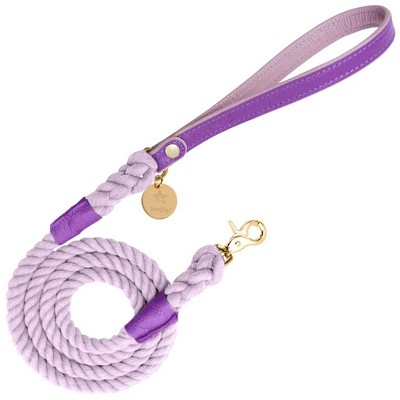 PoisePup - Luxury Pet Dog Leash - Soft Premium Italian Leather and 100% Natural Cotton Rope Leash - Lavish Lavender