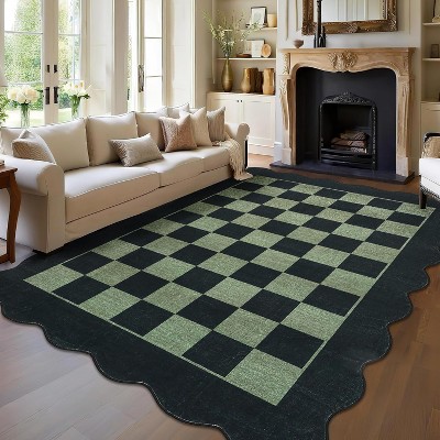 Scalloped Living Room Rug Washable Area Rug for Dining Room Bedroom Low Pile Neutral Area Rugs Modern Checkerboard Farmhouse Floor Cover