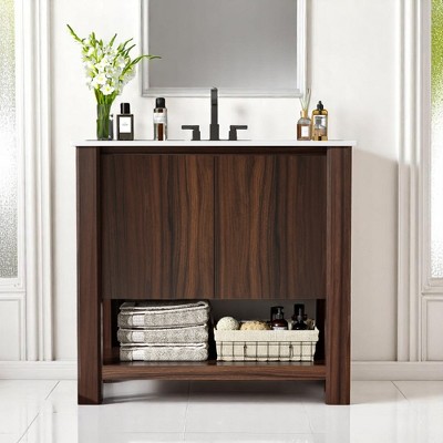 Mshliw 36" Bathroom Vanity with Large Cabinet, Soft-Close Doors, 45-Degree Free Handle Design & Open Bottom Shelf