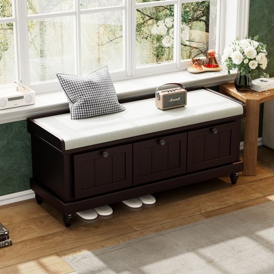 Sapphtopaz Shoe Bench with Storage, Fluted Rectangle Ottoman with 3 Drawers, Retro Storage Bench, Entryway Bench for Living Room, Entryway