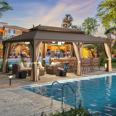 Erommy 14' x 22' Hardtop Gazebo,Aluminum Frame Gazebo with Galvanized Steel Double Roof, Curtains and Nettings Included