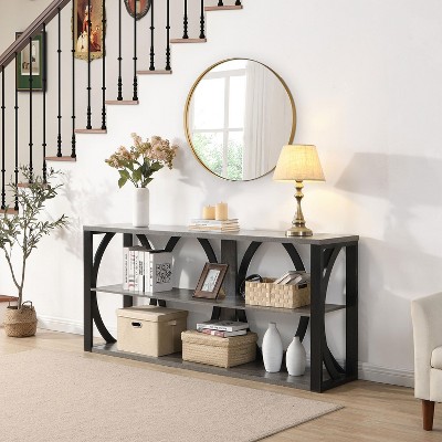 KTMBDW Industrial Sofa Console Table, Entryway Table with 3 Tier Wood Storage Shelves, Foyer Table for Living Room Hallway Behind Couch