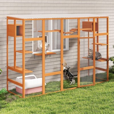 Sandinrayli Catio Outdoor Cat Enclosure Window, 104" Wooden Large Catio Outside Cattery with Sloped Waterproof Cover